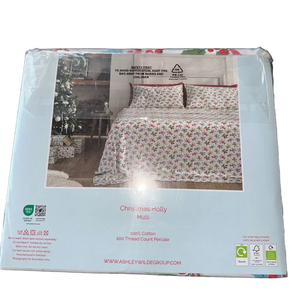 Cath Kidston London 4 Piece Queen Christmas Holly Multi Sheet Set Cotton- NEW